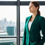 A professional woman in a modest business blazer and trousers, standing confidently in a bright, modern office. Her expression is thoughtful and determined, looking towards a window offering a blurred cityscape with hints of green. Abstract, glowing lines representing growth and interconnectedness subtly intertwine around her, symbolizing the fusion of finance and positive impact. The scene is bathed in soft, natural light, creating an empowering atmosphere. fully clothed, appropriate attire, professional dress, safe for work, appropriate content, perfect anatomy, correct proportions, natural pose, well-formed hands, proper finger count, natural body proportions, professional photography, high quality.