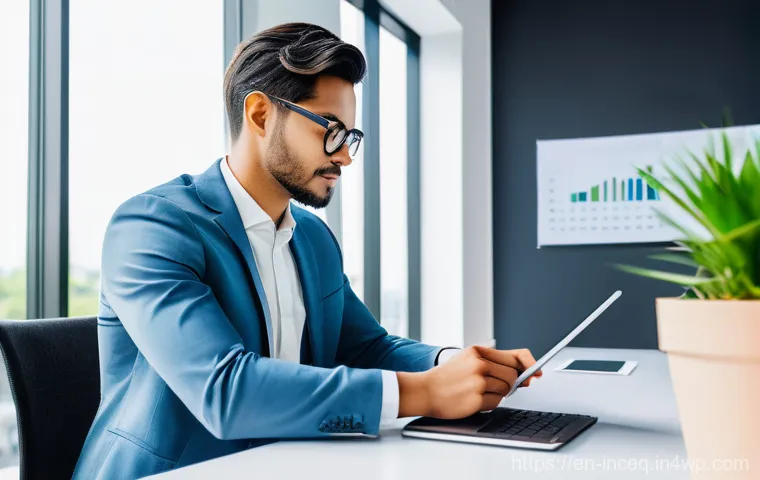 사회책임 투자 및 환경 보호 - **Image Prompt:** A thoughtful young professional, wearing smart business casual attire, sits at a s...