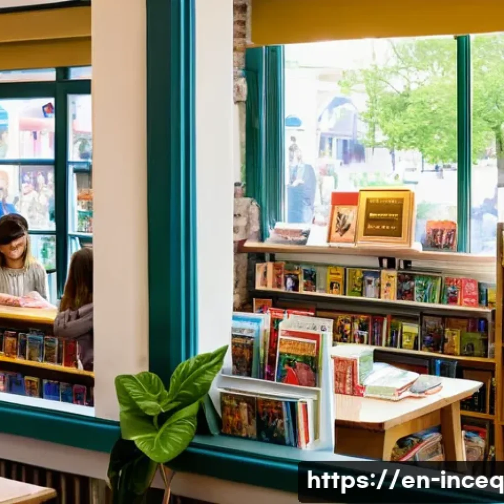 사회책임 투자와 지역 사회와의 관계 - **Prompt:** A vibrant, bustling scene inside a charming, independent bookstore on a sunny Main Stree...