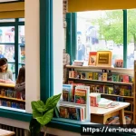 사회책임 투자와 지역 사회와의 관계 - **Prompt:** A vibrant, bustling scene inside a charming, independent bookstore on a sunny Main Stree...