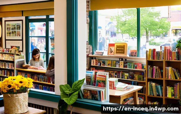 사회책임 투자와 지역 사회와의 관계 - **Prompt:** A vibrant, bustling scene inside a charming, independent bookstore on a sunny Main Stree...
