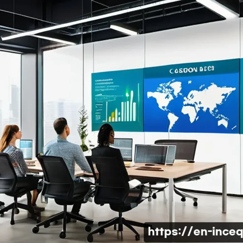 ESG 성과 평가 기준 - A modern corporate office setting with diverse professionals collaborating around a large digital sc...