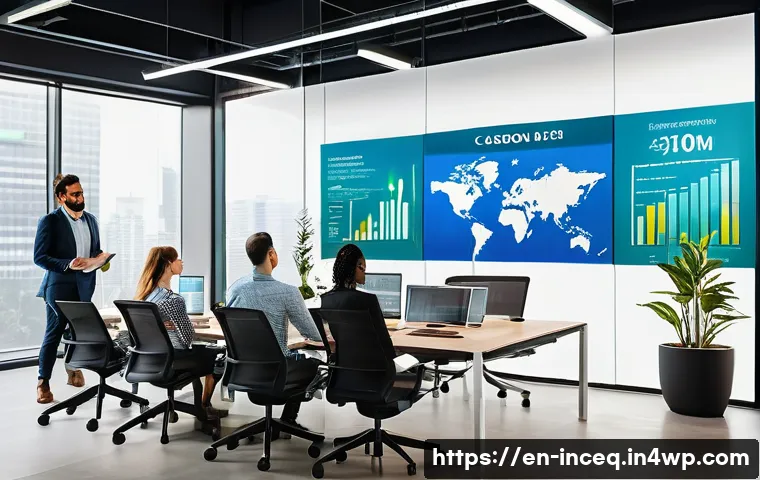 ESG 성과 평가 기준 - A modern corporate office setting with diverse professionals collaborating around a large digital sc...