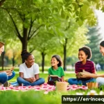 사회책임 투자와 기업의 커뮤니케이션 전략 - A vibrant community green space with diverse people of all ages enjoying nature—families having picn...