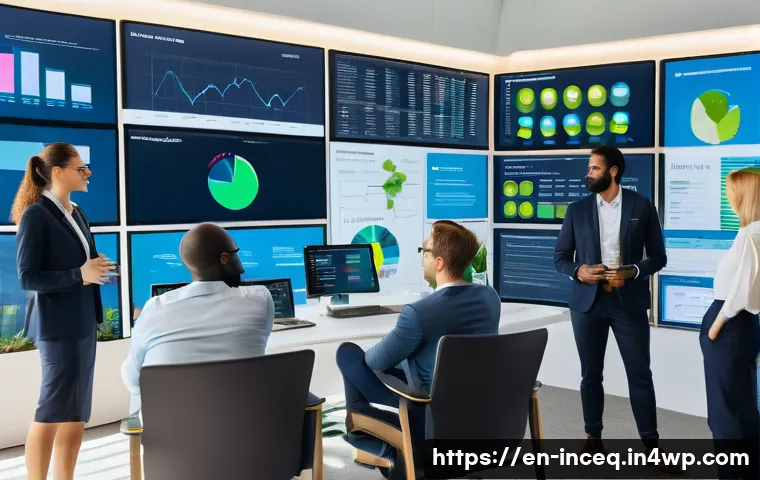 사회책임 투자 기준 설정을 위한 사례 분석 - A modern corporate office environment showcasing a diverse group of professionals engaged in a colla...