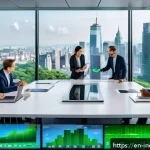 사회책임 투자와 글로벌 동향 - A modern office scene showing diverse investors—men and women in business casual attire—gathered aro...