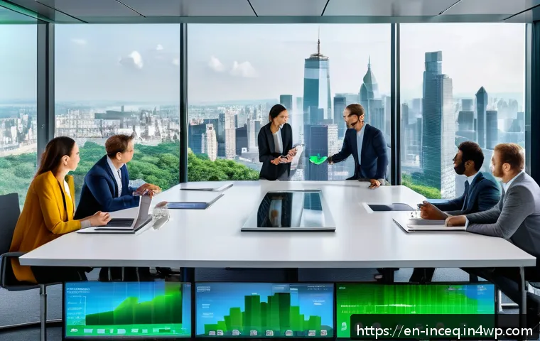 사회책임 투자와 글로벌 동향 - A modern office scene showing diverse investors—men and women in business casual attire—gathered aro...