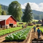 사회책임 투자와 지역사회 기여 - A vibrant local organic farm scene featuring diverse community members of various ages, including a ...