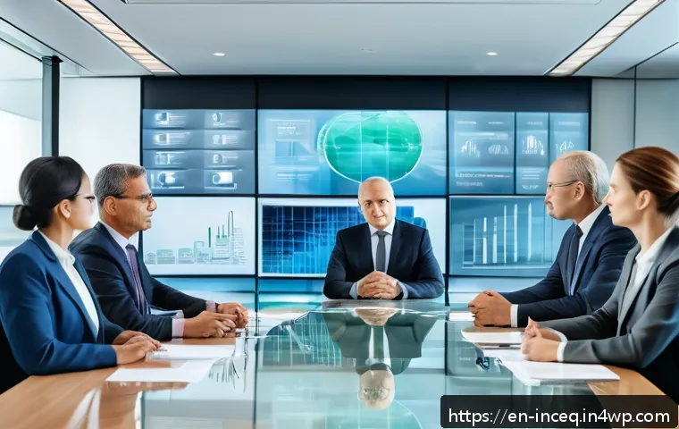 사회책임 투자와 기업의 윤리적 결정 - A modern corporate boardroom scene featuring a diverse group of executives actively discussing ethic...