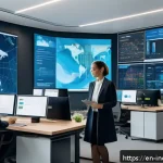Home 23 사회책임 투자 시장의 성장 전망 - A modern office setting with diverse professionals analyzing ESG data on multiple transparent digita...