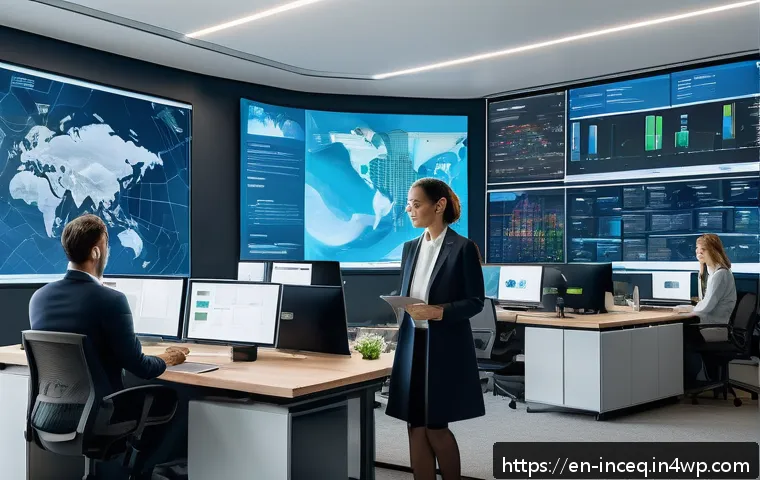 사회책임 투자 시장의 성장 전망 - A modern office setting with diverse professionals analyzing ESG data on multiple transparent digita...